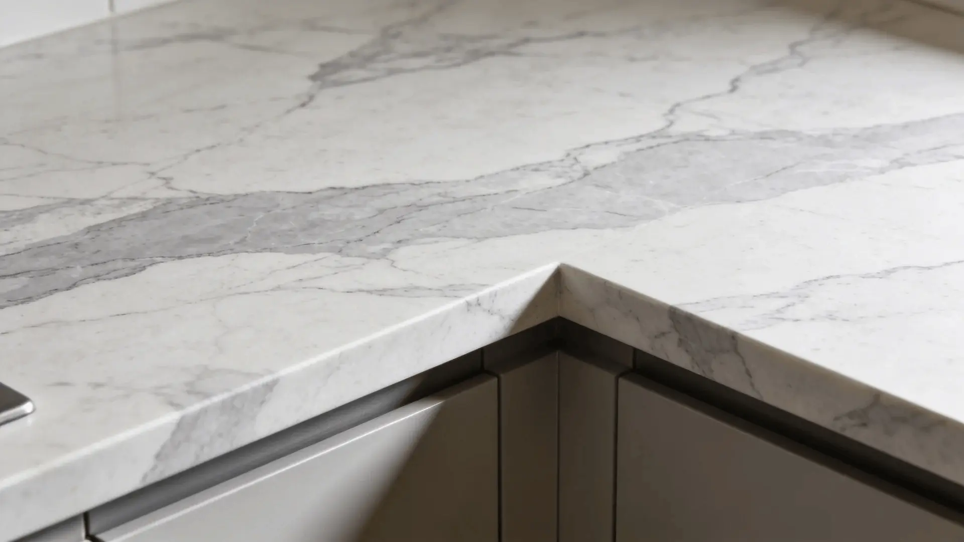 Quartzite countertop with light background and natural veining