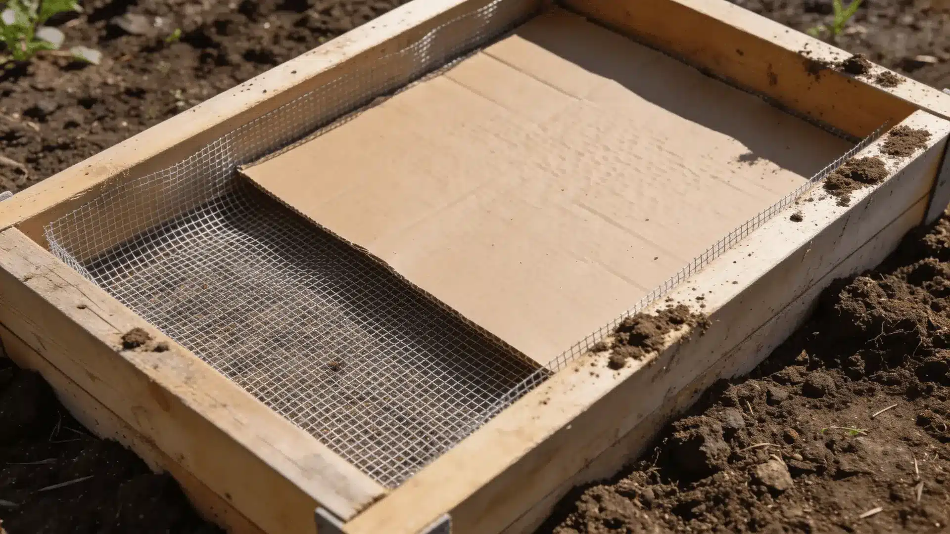 Raised bed frame on soil with cardboard and hardware cloth lining the bottom