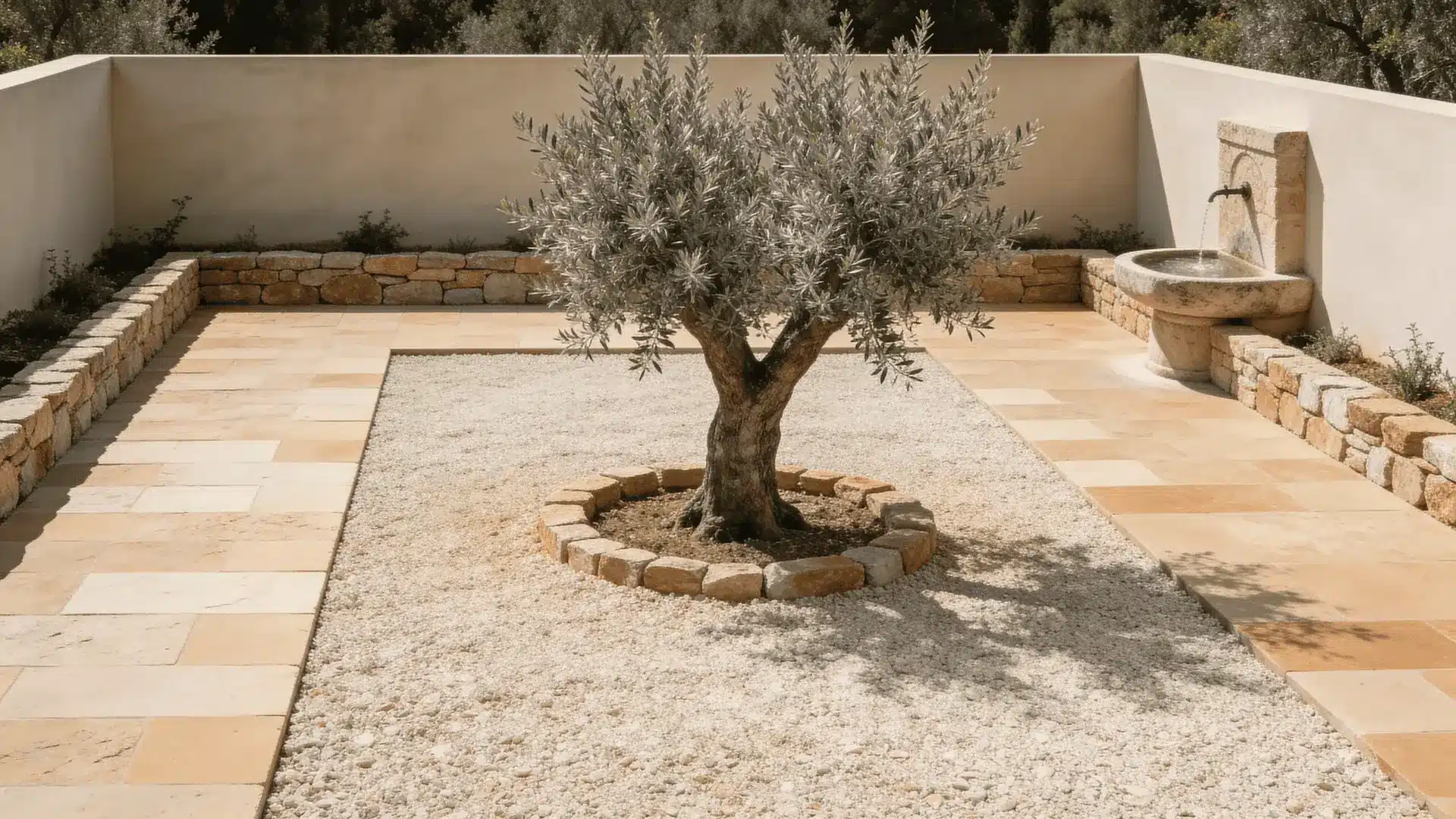 Rectangular Mediterranean garden with beige gravel, limestone paving, olive tree, and small stone fountain