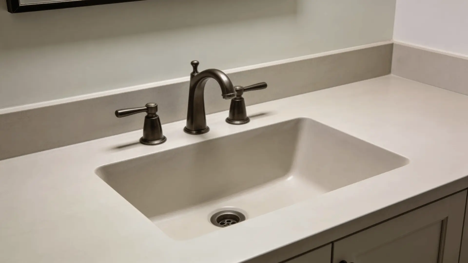 Rectangular bathroom sink installed in standard vanity countertop