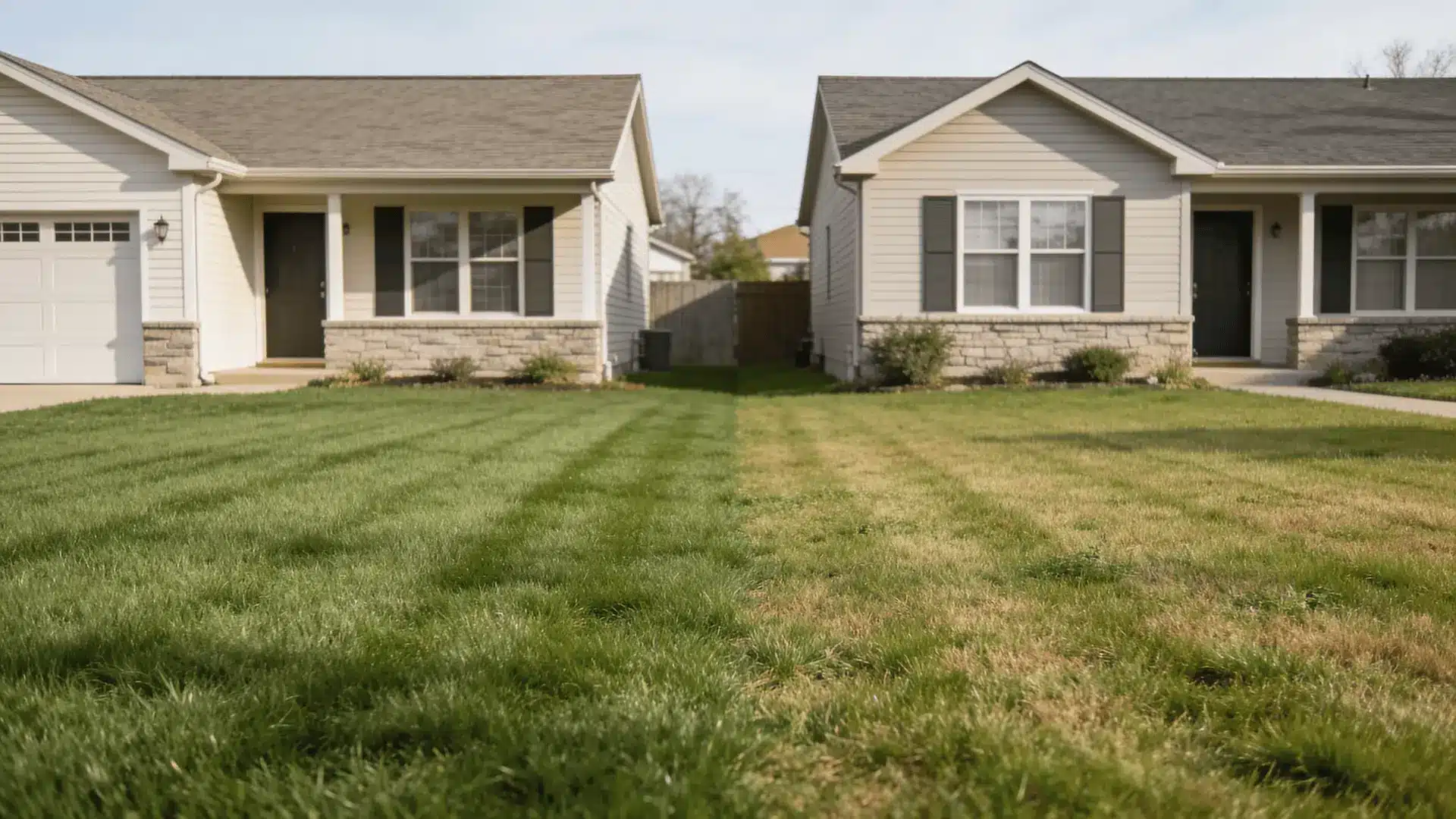 Residential lawn showing different grass areas in natural daylight