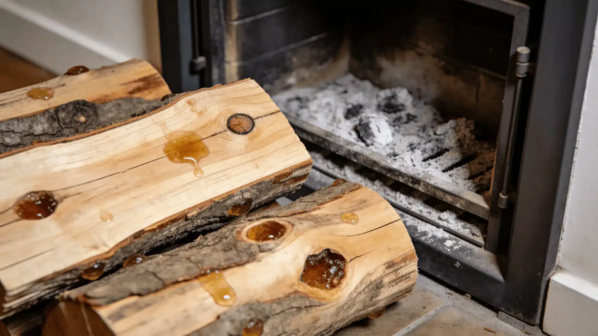 Resin-heavy softwood logs near a fireplace hearth