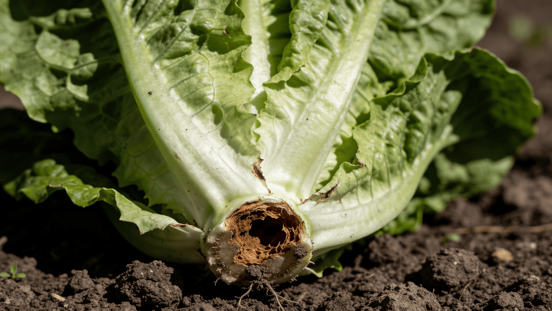 Romaine lettuce crown with damaged center and no new inner leaf growth