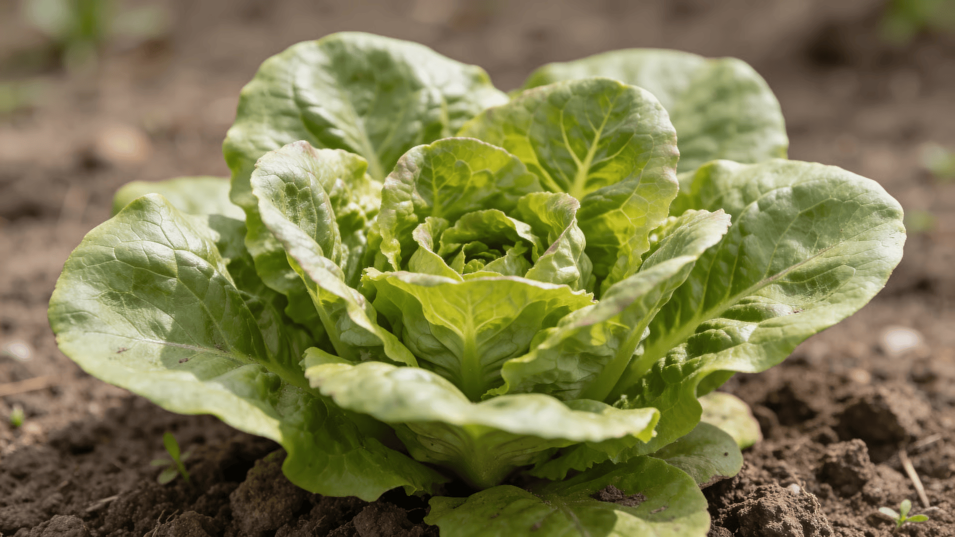 Romaine lettuce plant growing upright with visible outer leaves and central growth point