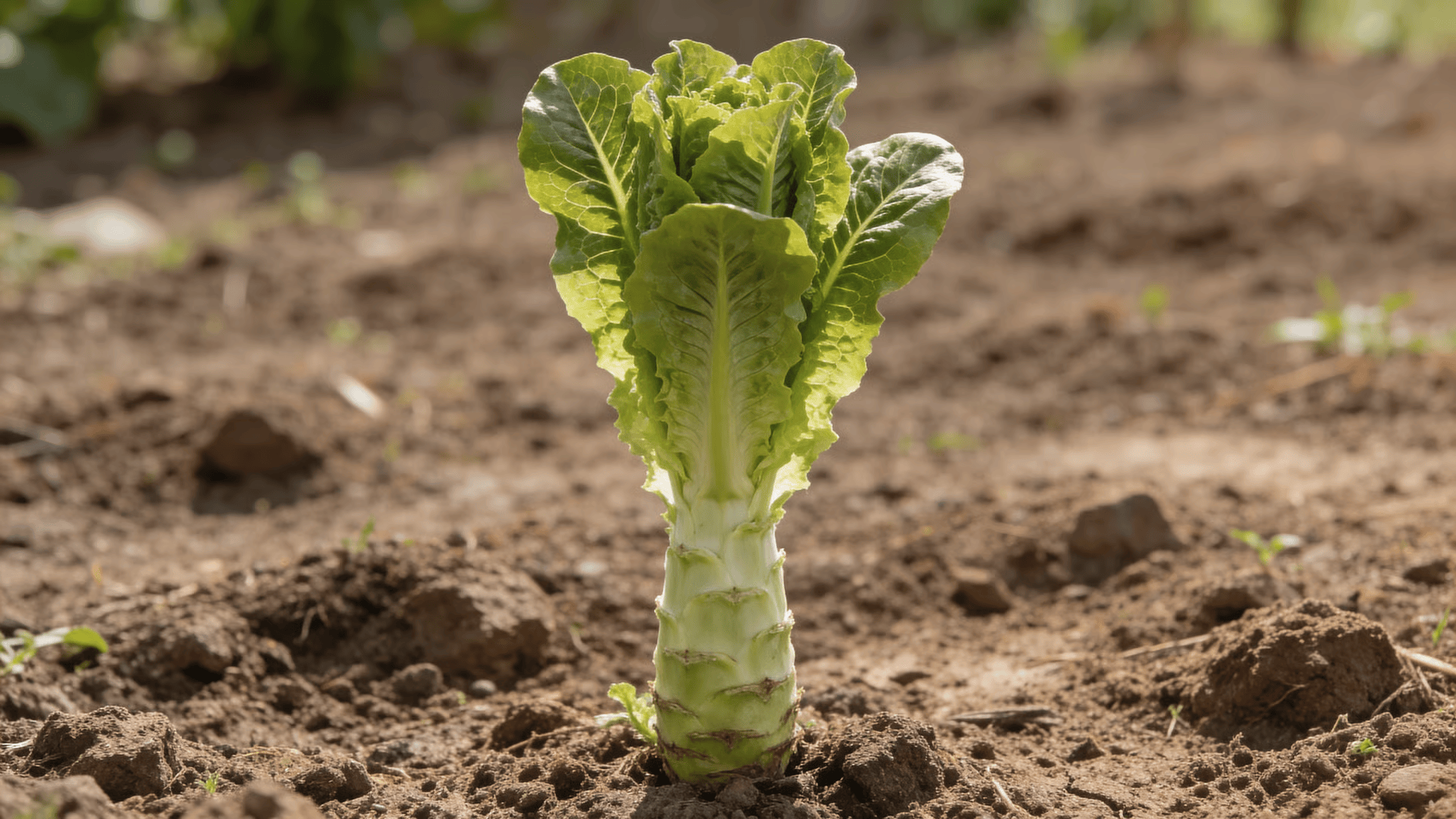 Romaine lettuce plant with elongated center and sparse leaves from bolting