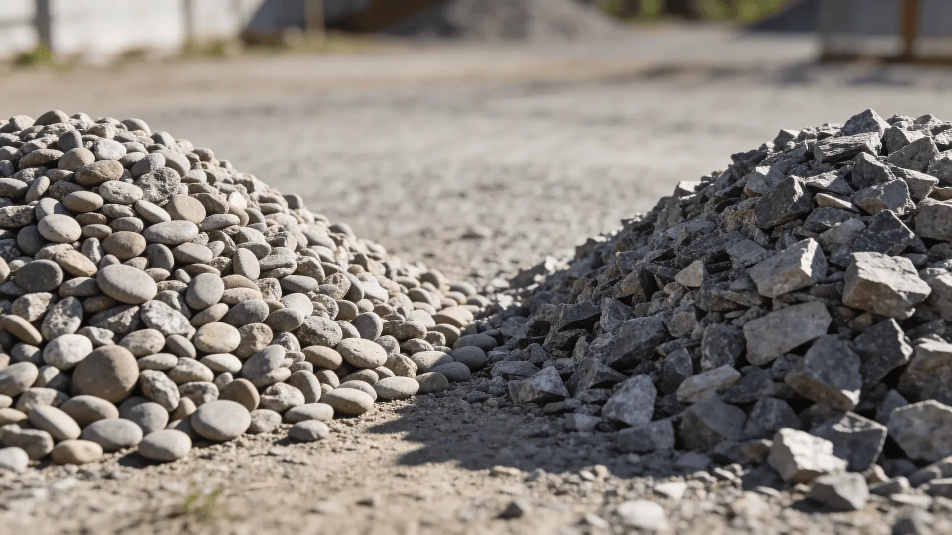 Rounded gravel pile next to angular crushed gravel pile