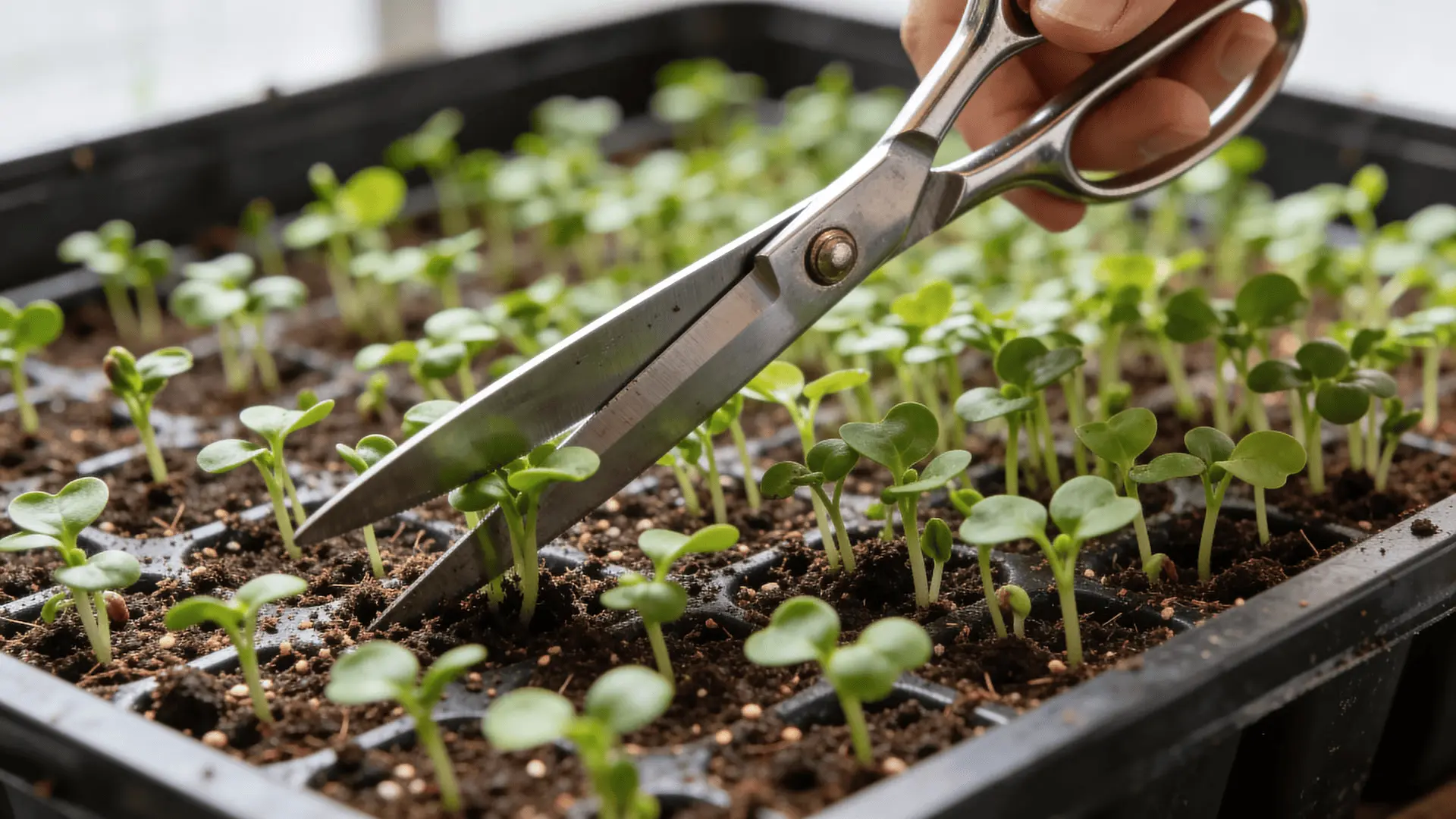 Scissors cutting microgreens just above the soil