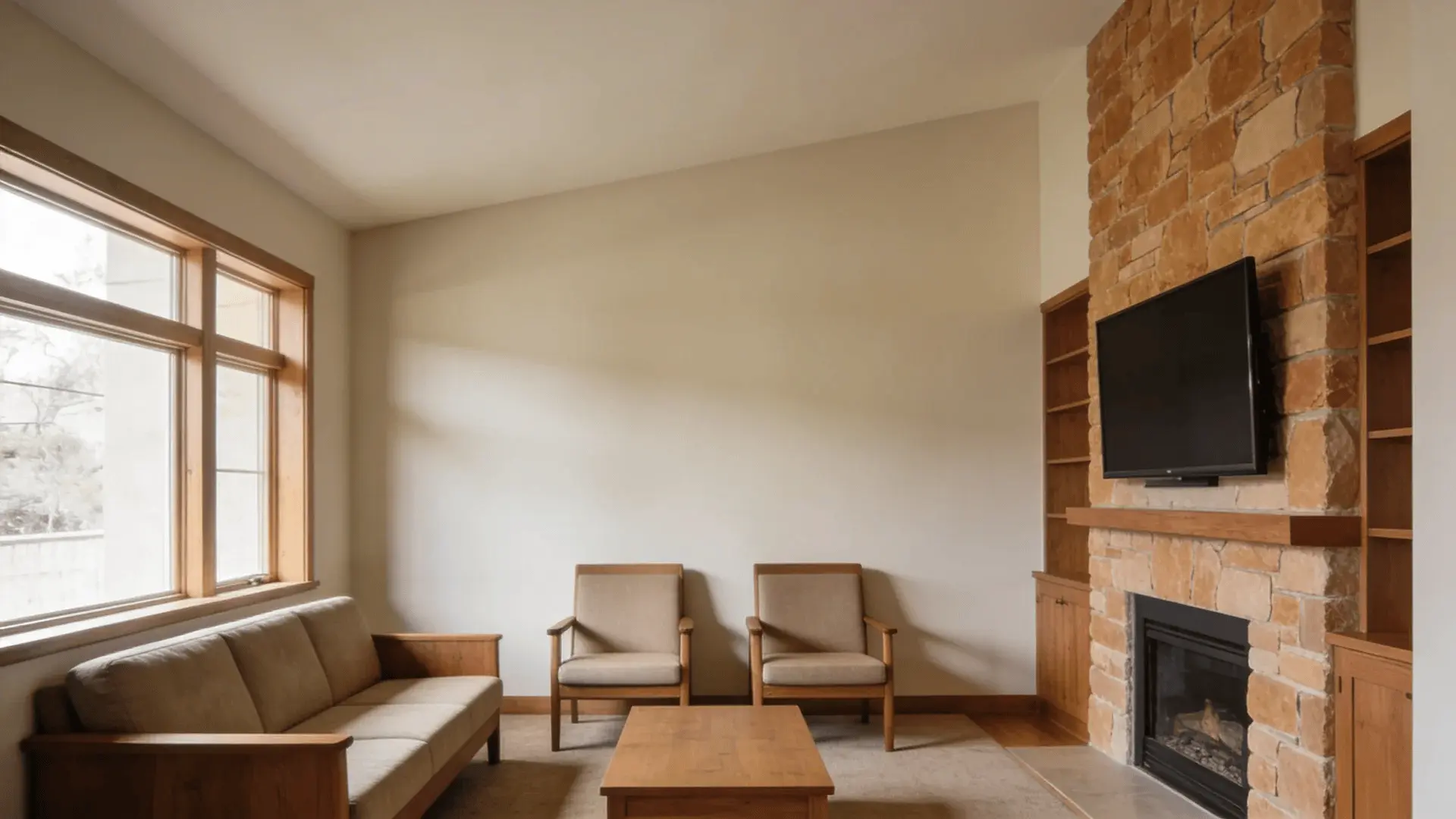 Seating arranged facing wall-mounted TV above fireplace as focal point