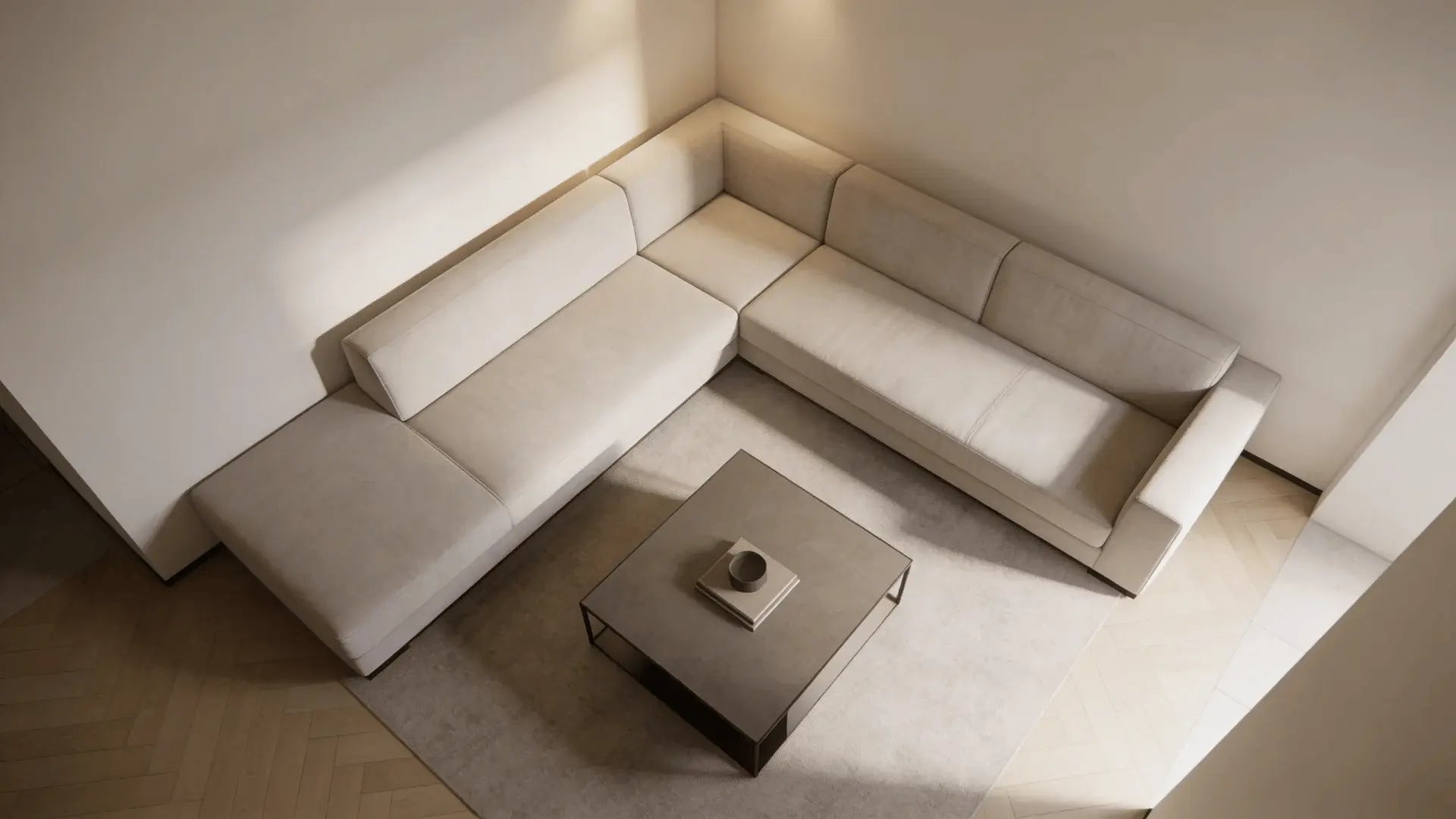 Sectional sofa forming L-shape in corner with coffee table centered
