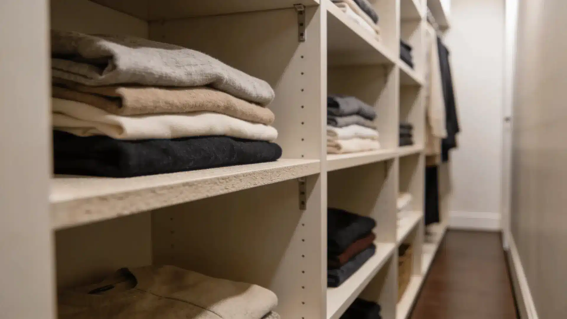 Shallow closet shelves with folded clothes and clear walking space