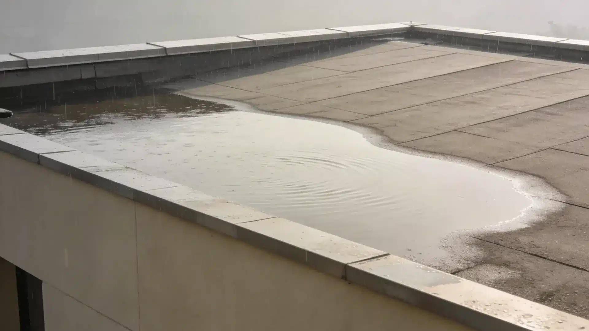 Shallow standing water pooling on a flat roof surface