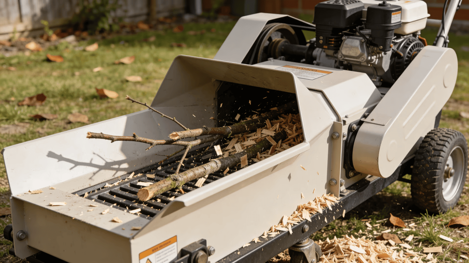 Small branches being processed into wood chips by a chipper