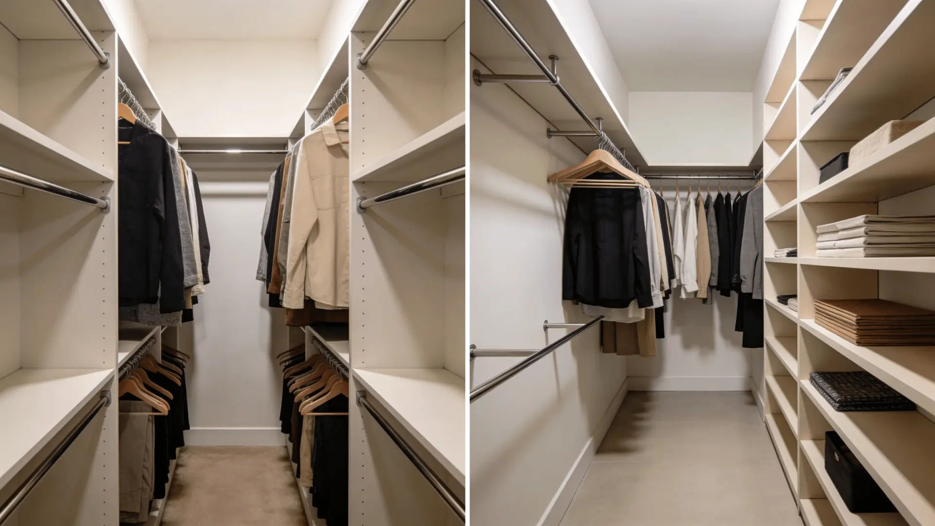 Split image showing narrow closet with rods on both walls and narrow closet with one rod wall and shallow shelves opposite