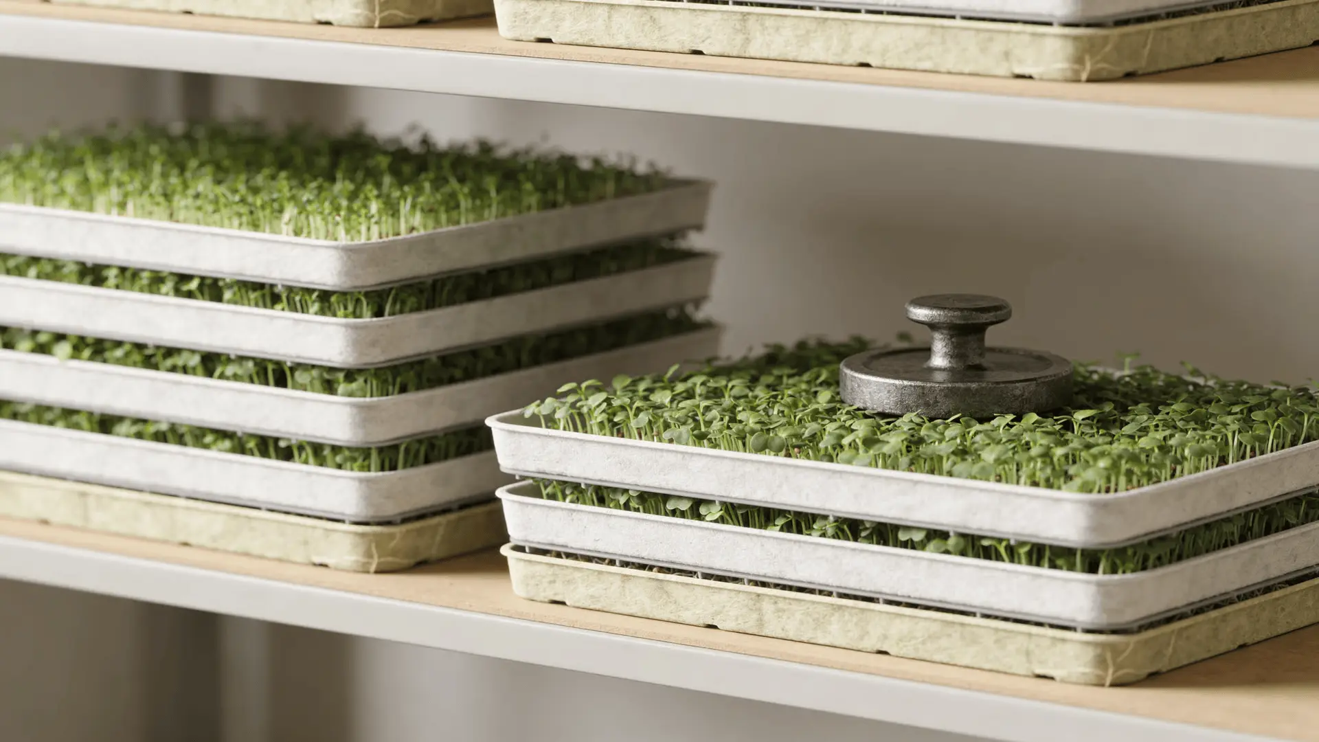 Stacked microgreen trays with a small weight on top