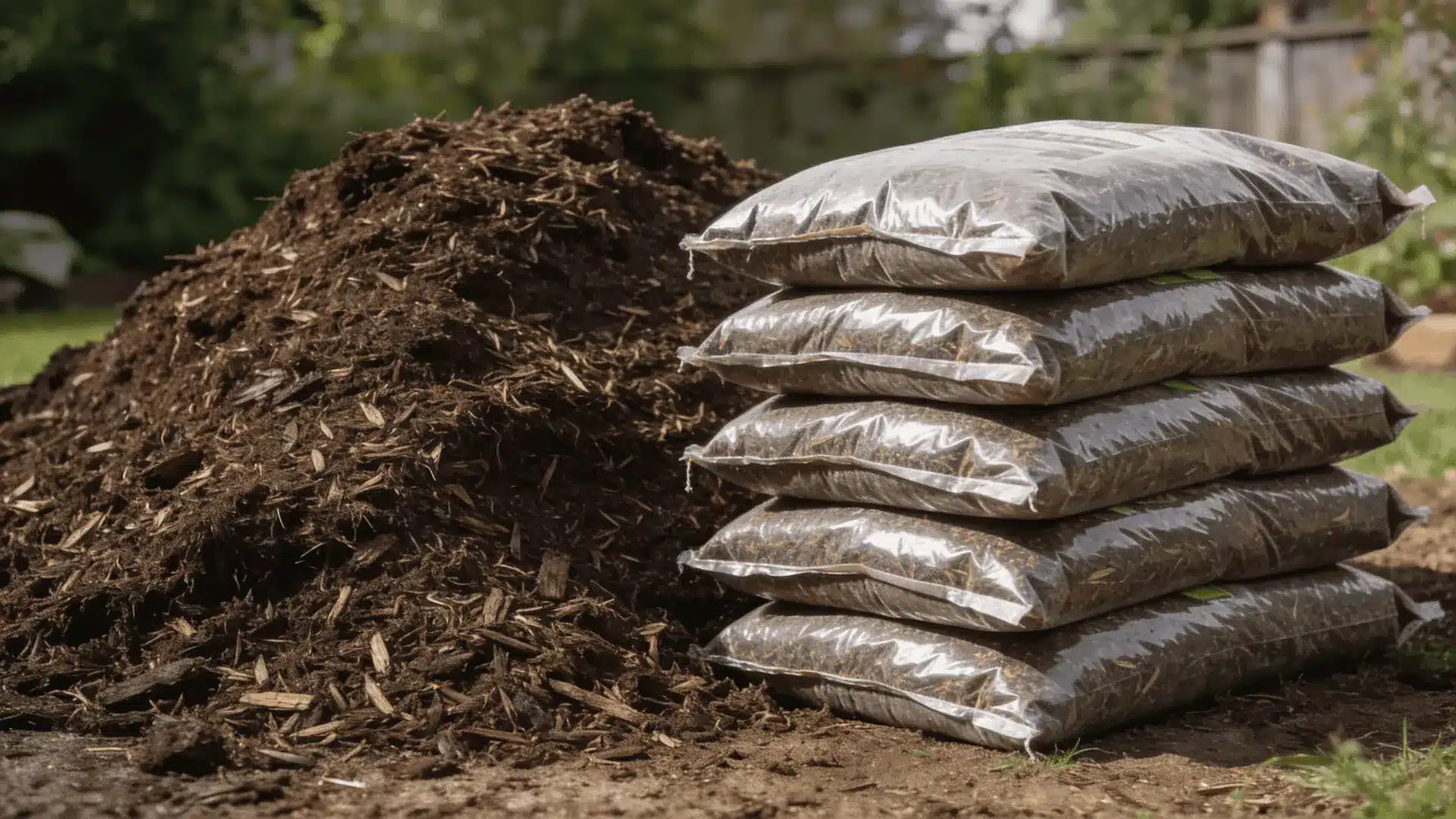 Stacked mulch bags placed next to a loose pile of mulch