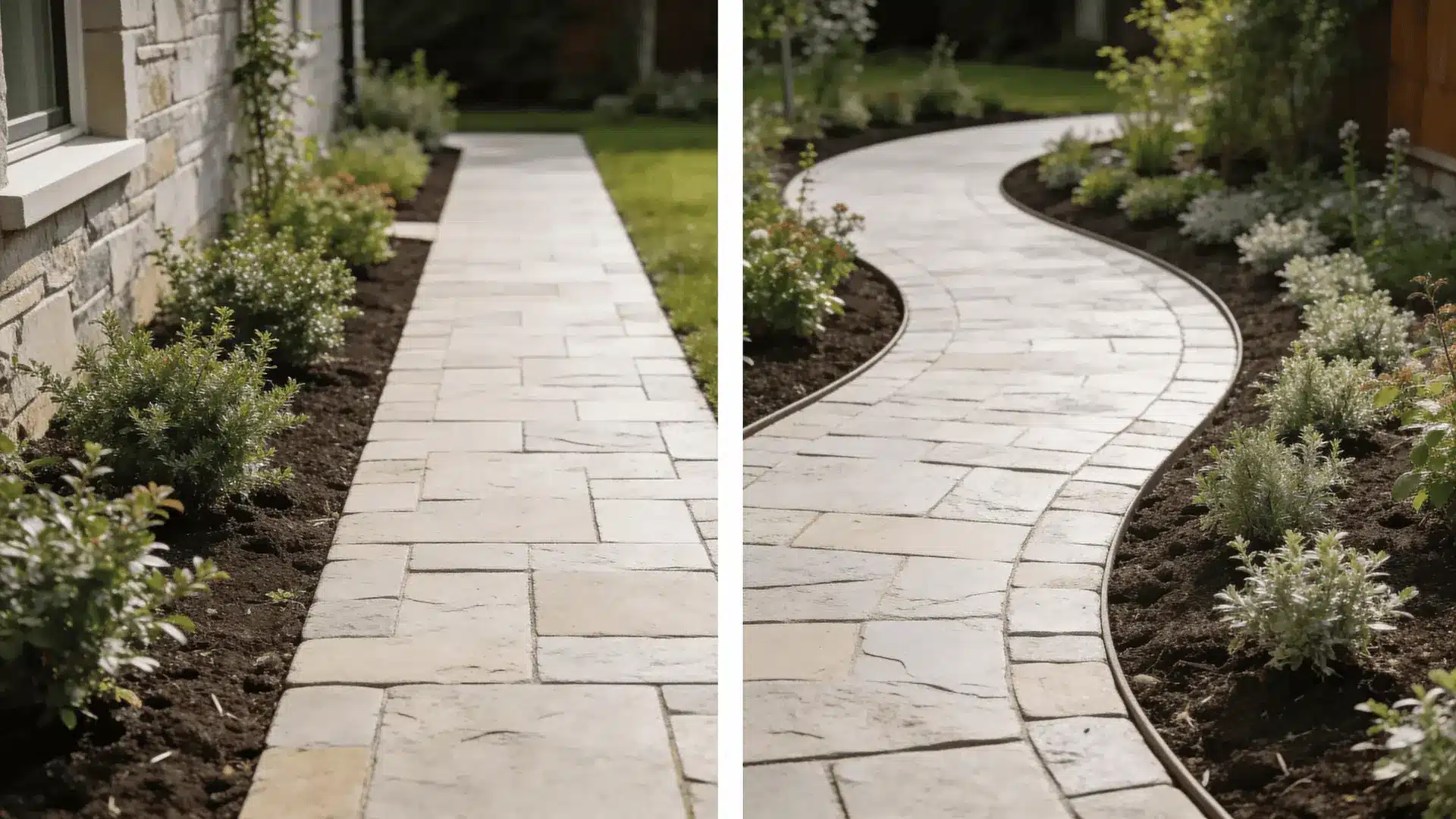 Straight garden path and gently curved path bordered by planting beds