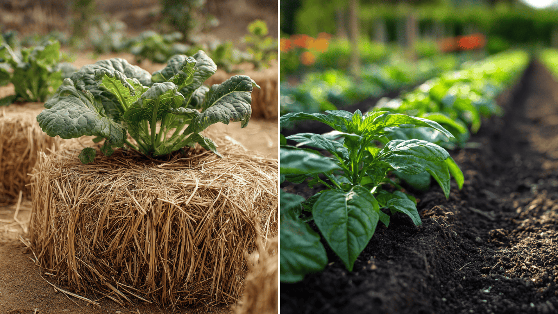 Straw bale garden with vegetables growing beside a traditional soil garden bed to compare growing methods outdoors