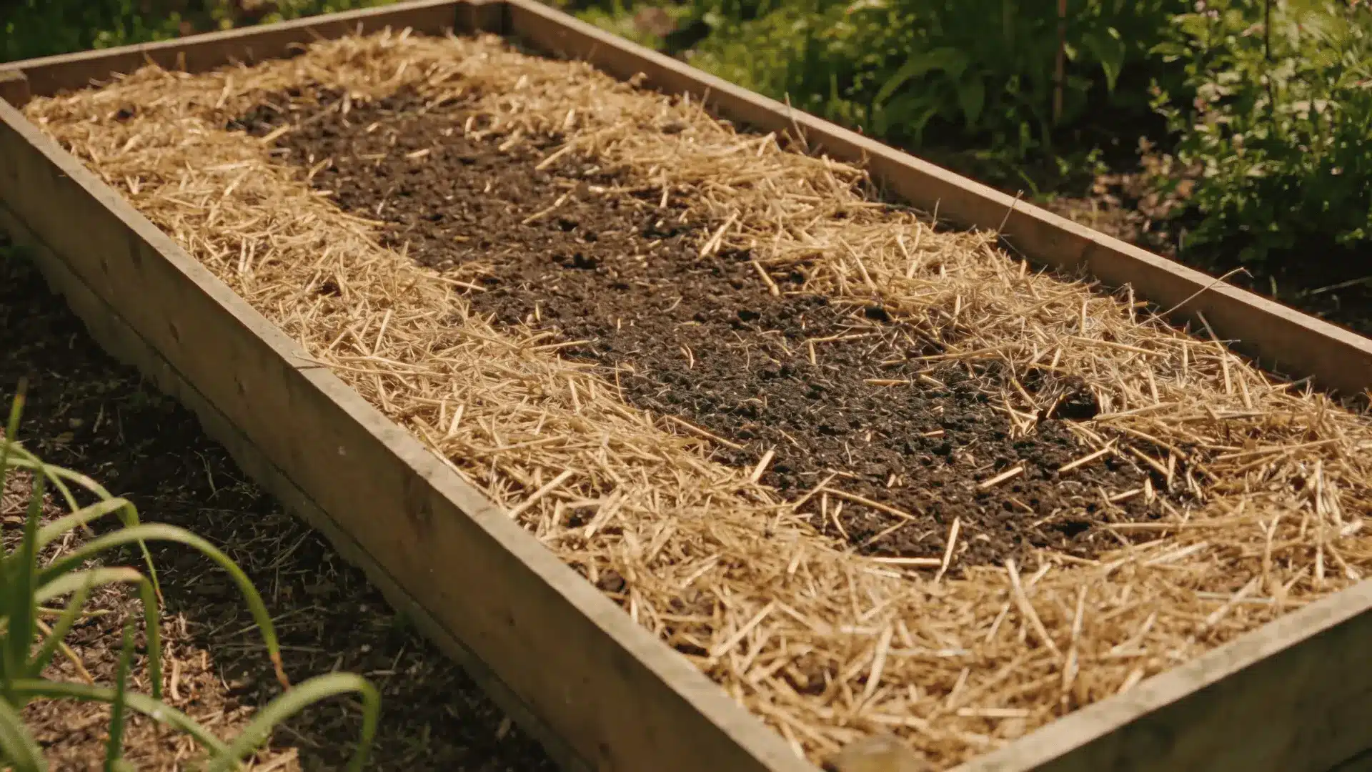 Straw mulch layer covering the soil surface in a raised garden bed