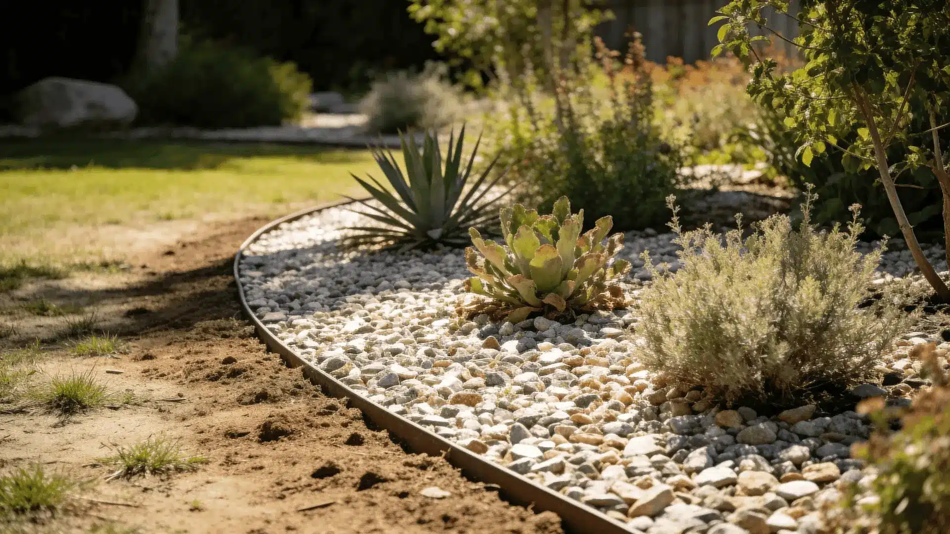 Sunlit garden with gravel beds, minimal lawn, and drought-adapted plants in dry conditions