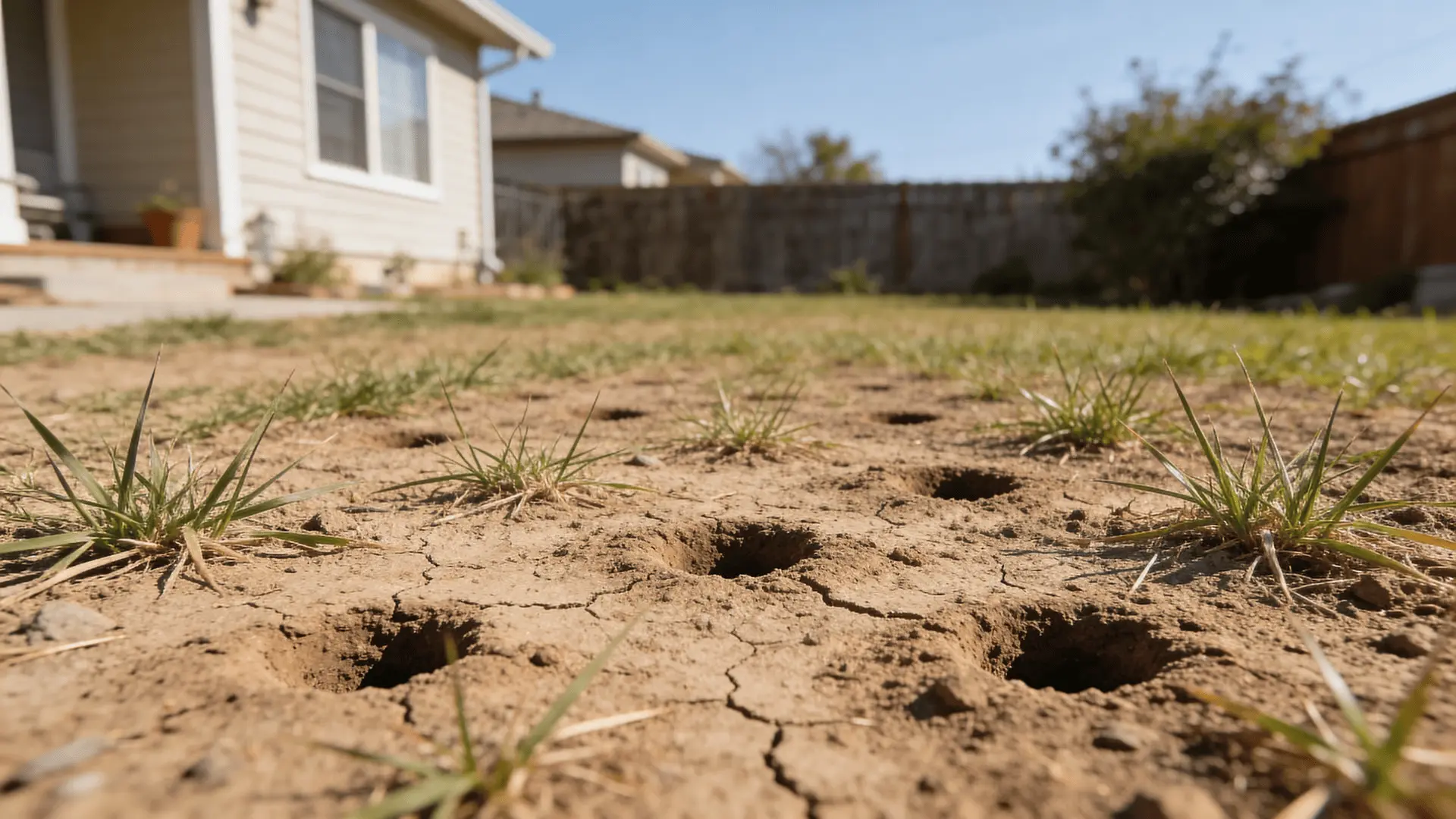 Thin grass with open aeration holes in dry soil