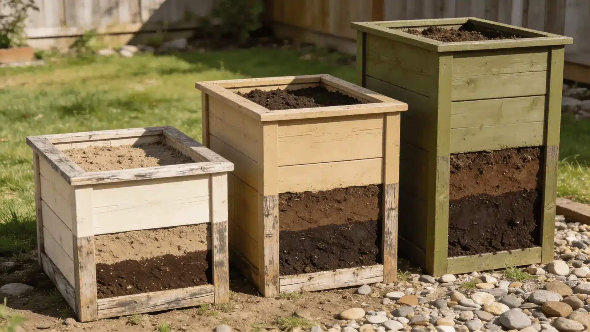 Three raised beds of different heights showing varying topsoil depth