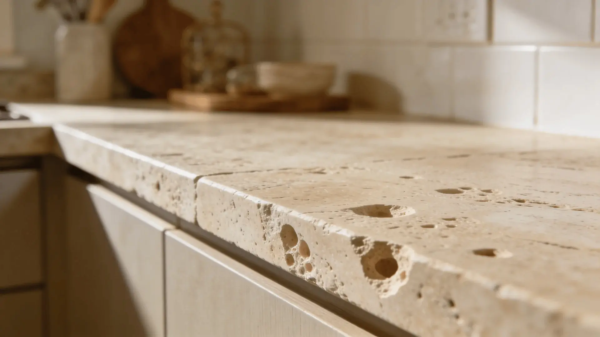 Travertine countertop with visible filled pores and natural texture