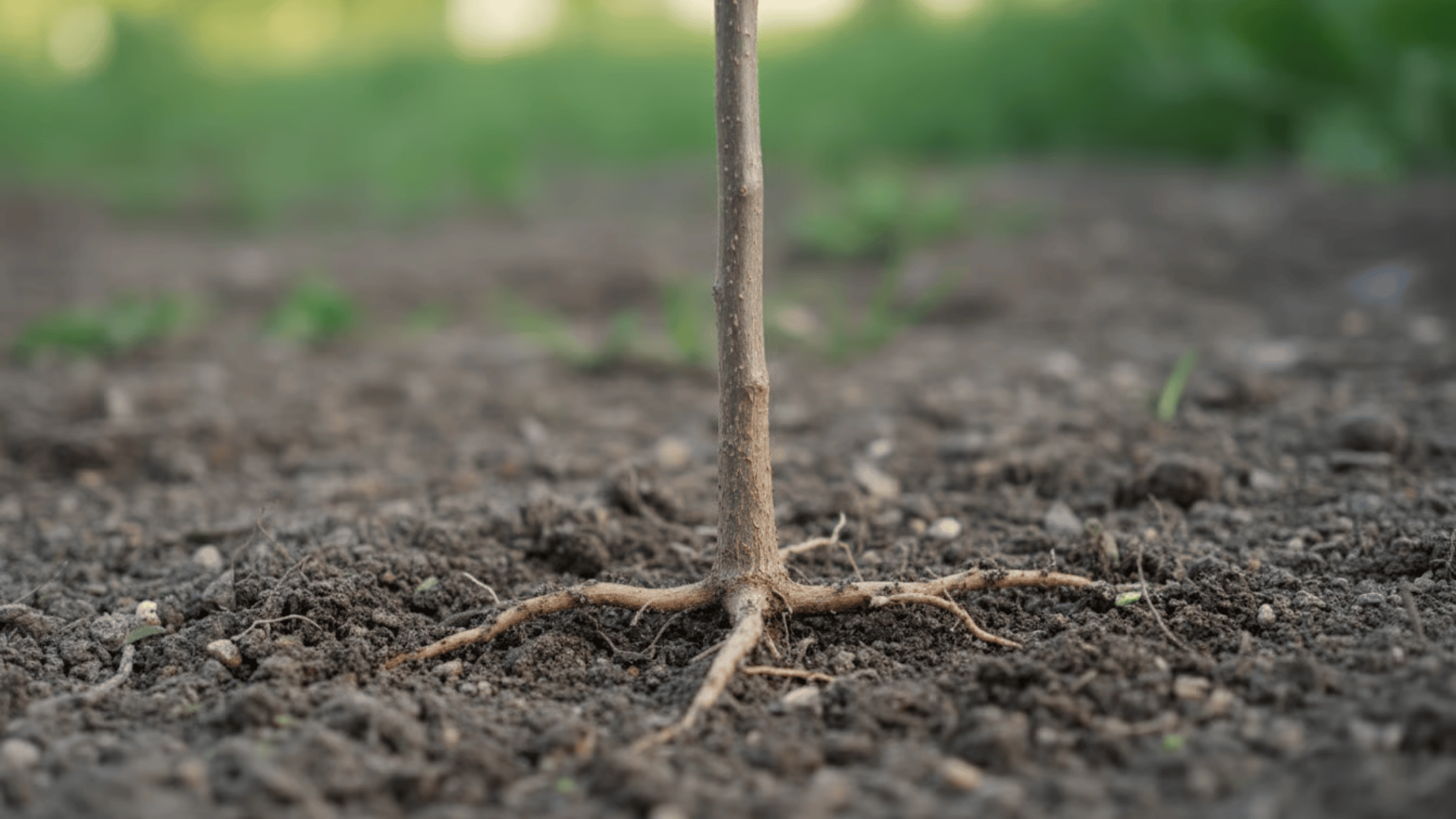 Tree trunk base with soil brushed back to reveal the root flare where roots begin at ground level