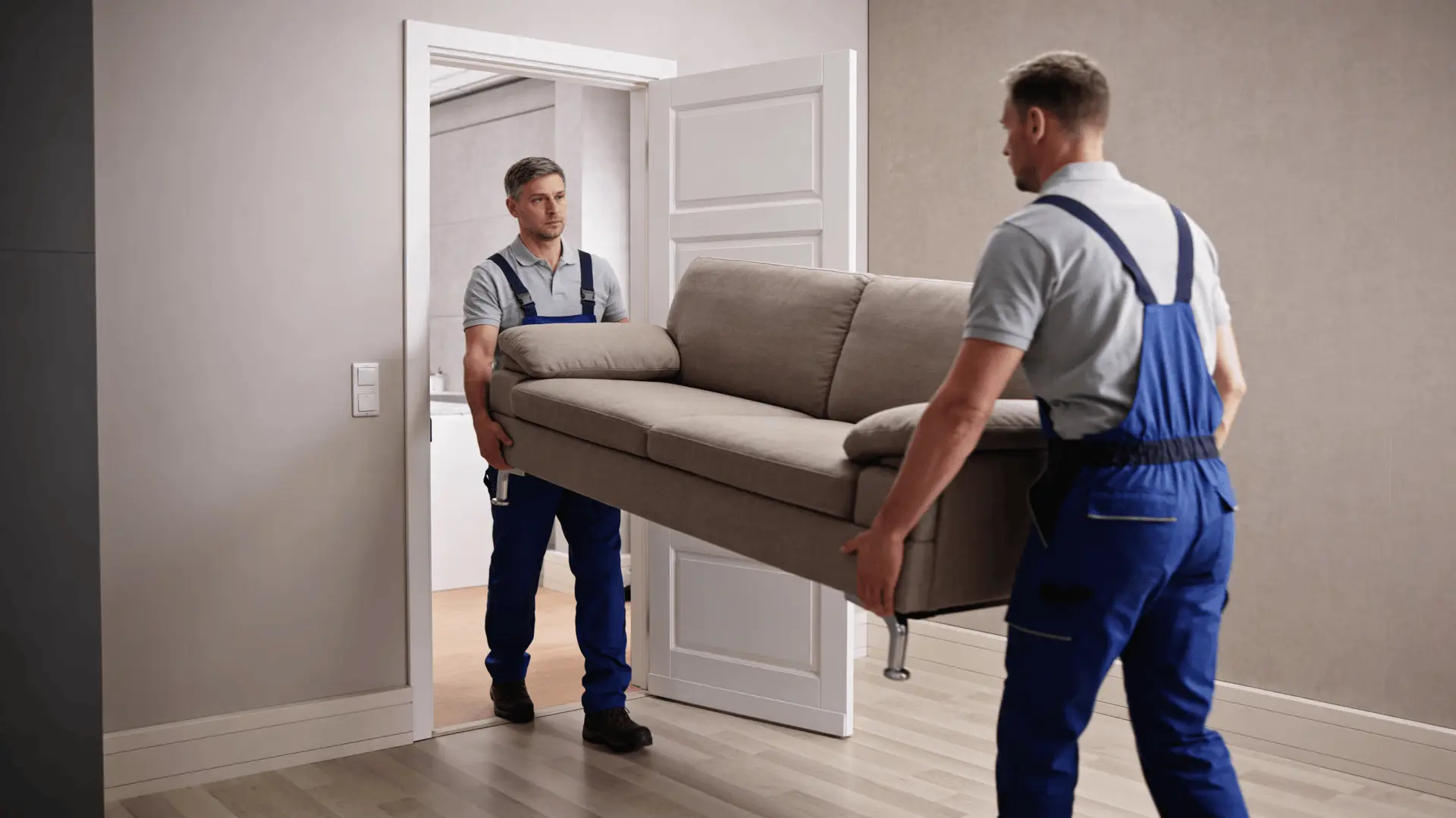 Two delivery workers carrying a sofa through a home doorway