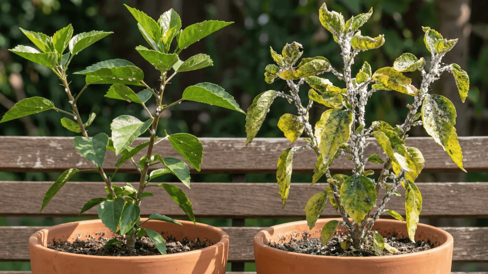 Two plants side by side showing light mealybug presence on one plant and heavy infestation on the other