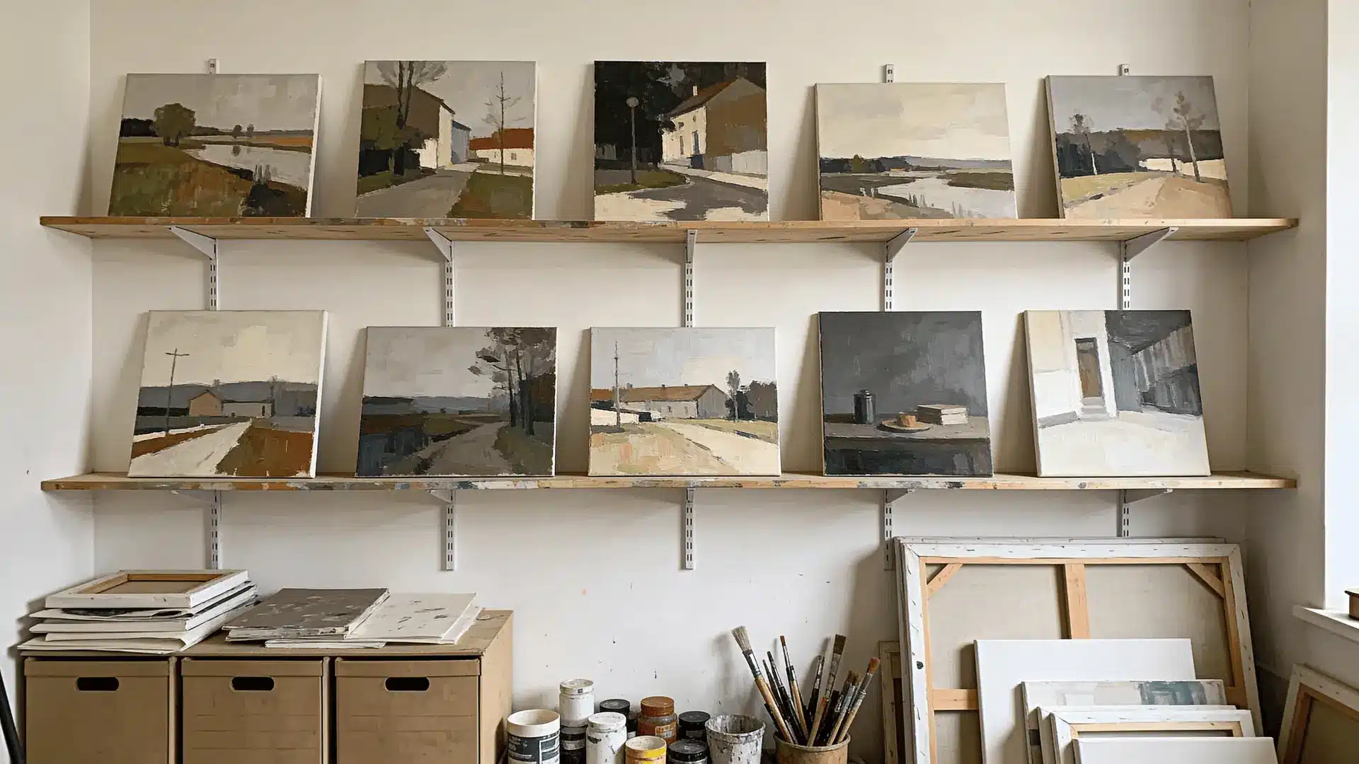 Unfinished artwork stored visibly on a studio wall or rack