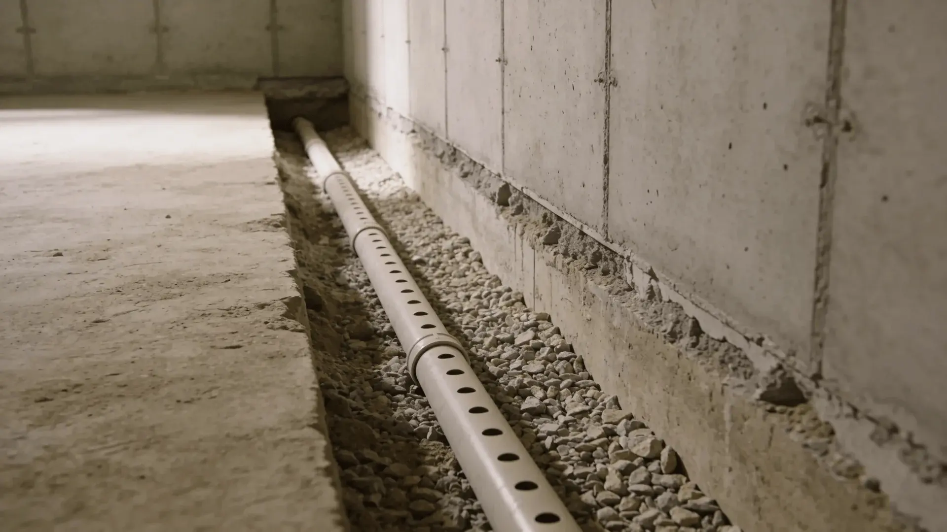 Unfinished basement with perimeter trench and perforated drain pipe set in gravel along foundation wall