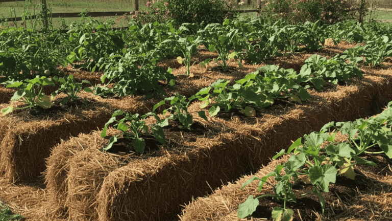 Vegetable plants growing directly from straw bales arranged on the ground, with visible straw texture and compost pockets on top