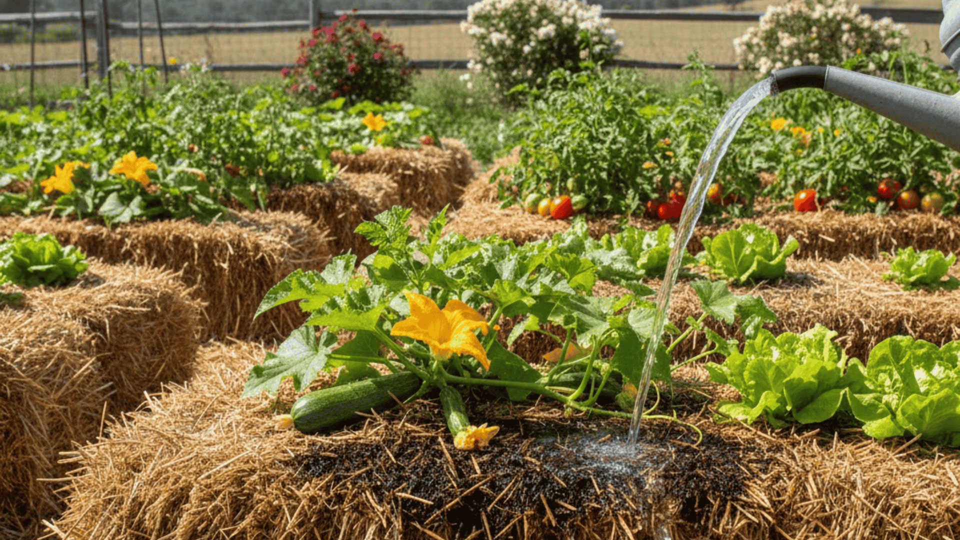 Vegetable plants growing in straw bales being watered deeply to keep the straw evenly moist
