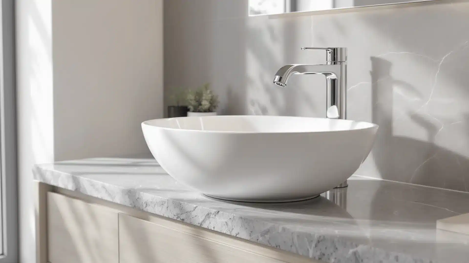 Vessel sink positioned above flat bathroom countertop