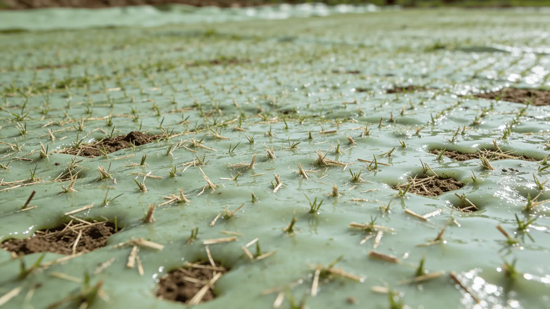 Wet hydroseeding slurry forming a thin bonded layer with chopped fibers on soil surface