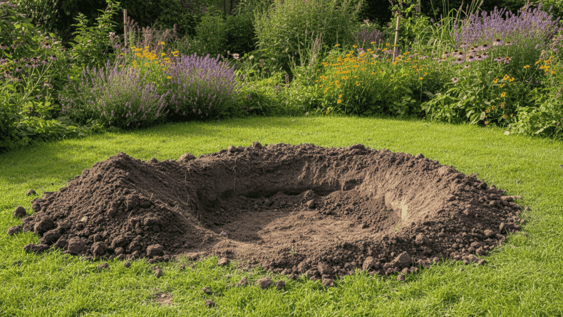 Wide shallow planting hole dug in soil with loose earth nearby, showing proper hole size for planting a tree