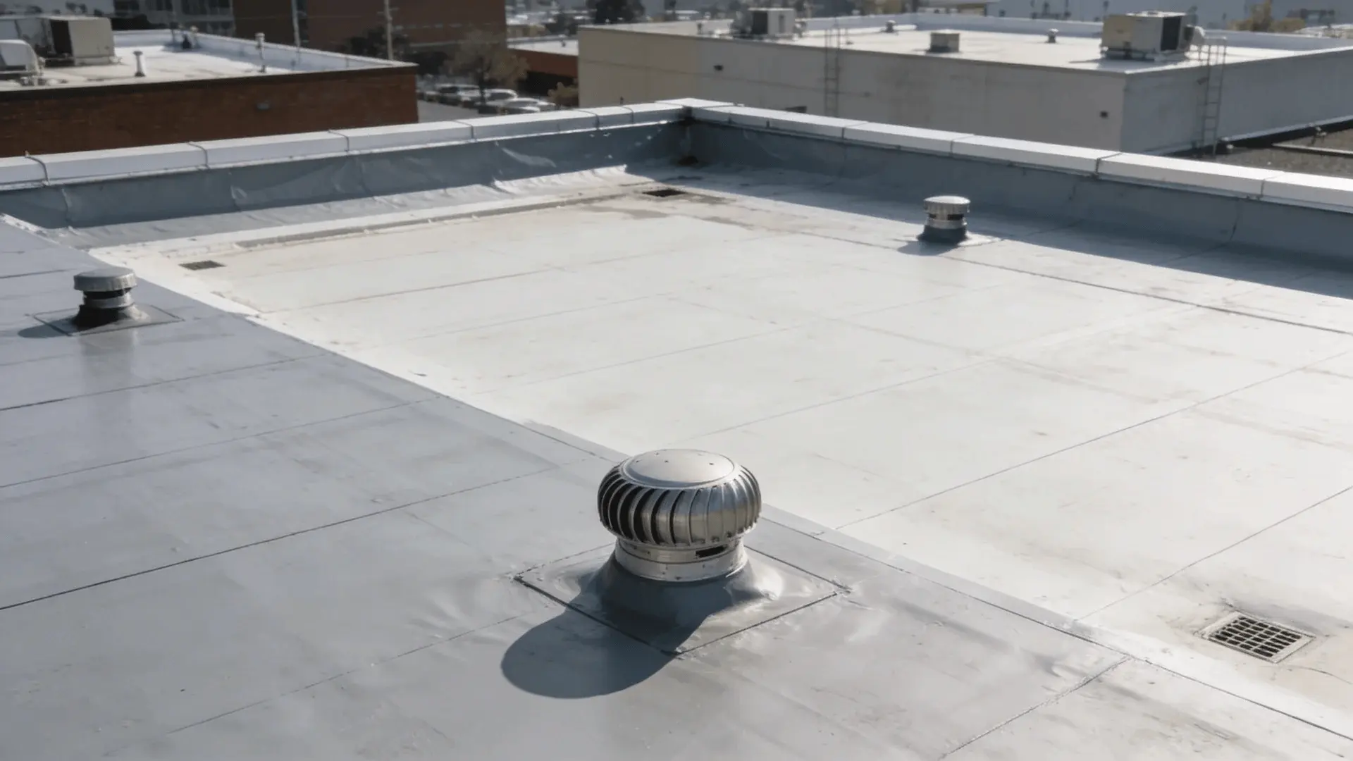 Wide view of a flat commercial roof with visible drains and clean membrane surface