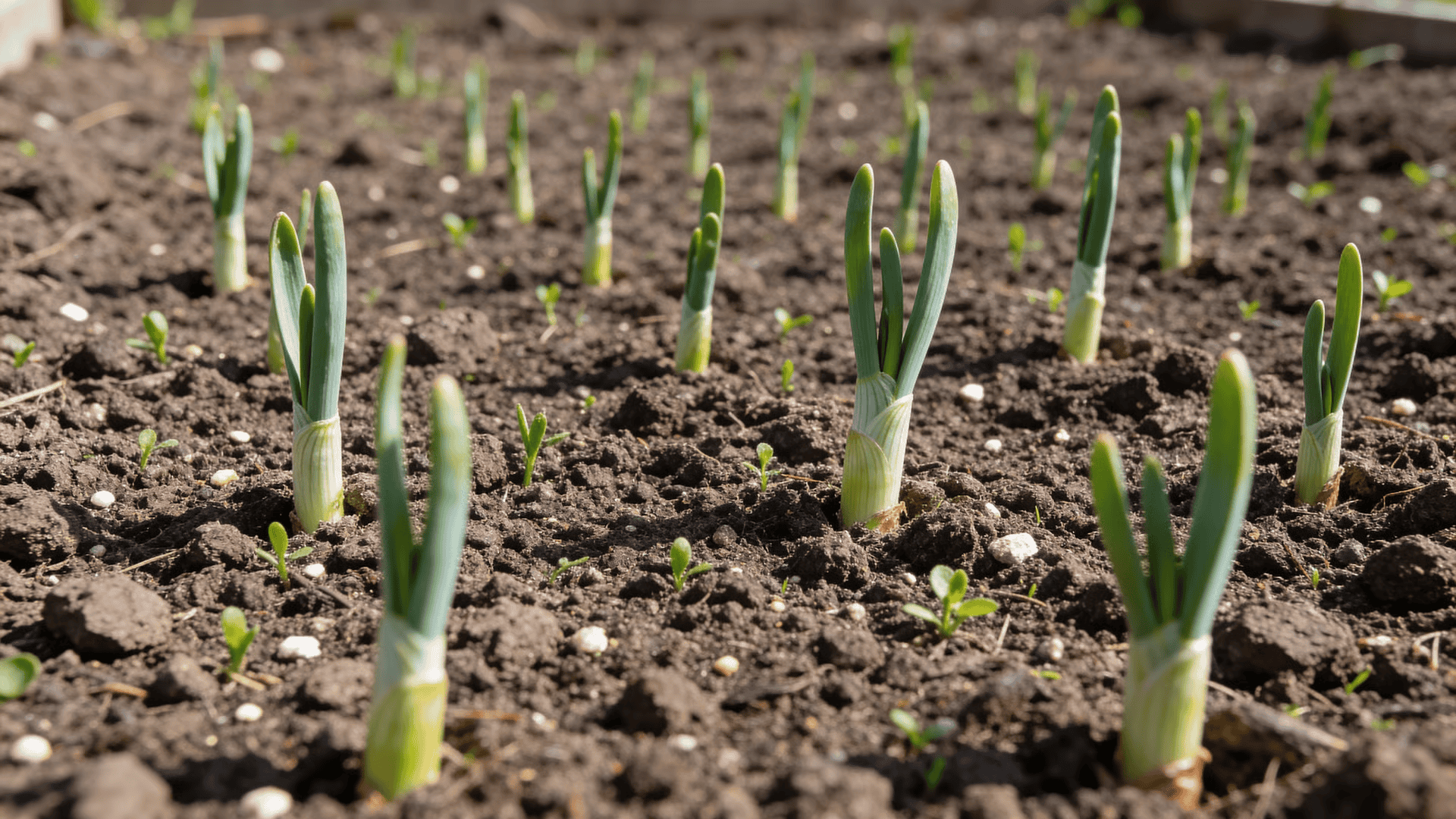 Young onion plants spaced evenly in loose soil at early growth stage