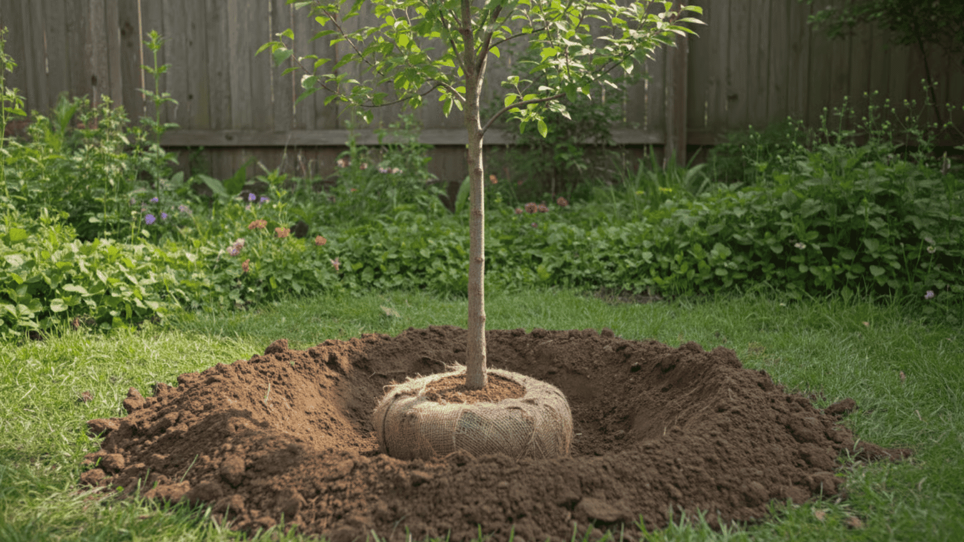Young tree positioned upright in a planting hole with the root flare visible above soil level