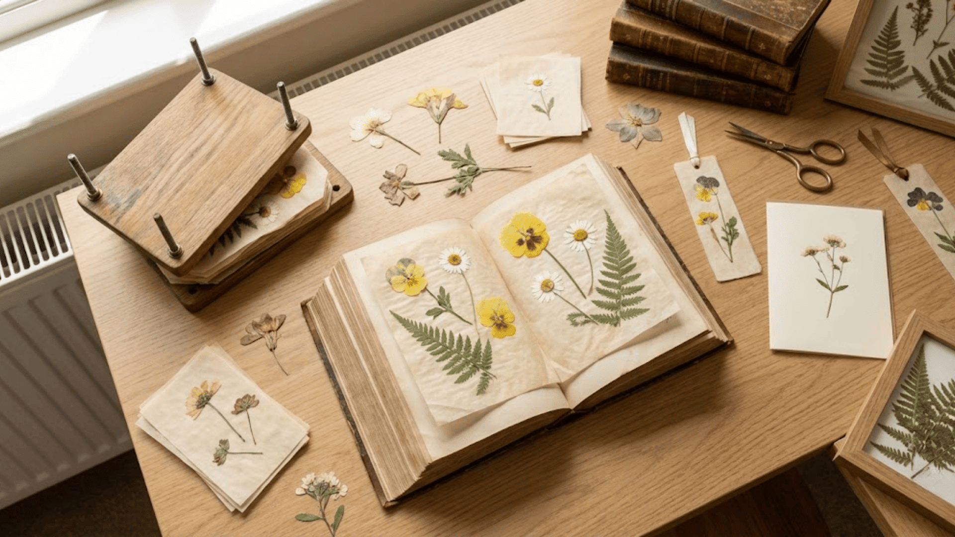 antique book and wooden flower press with pansies daisies and ferns on parchment paper for pressing