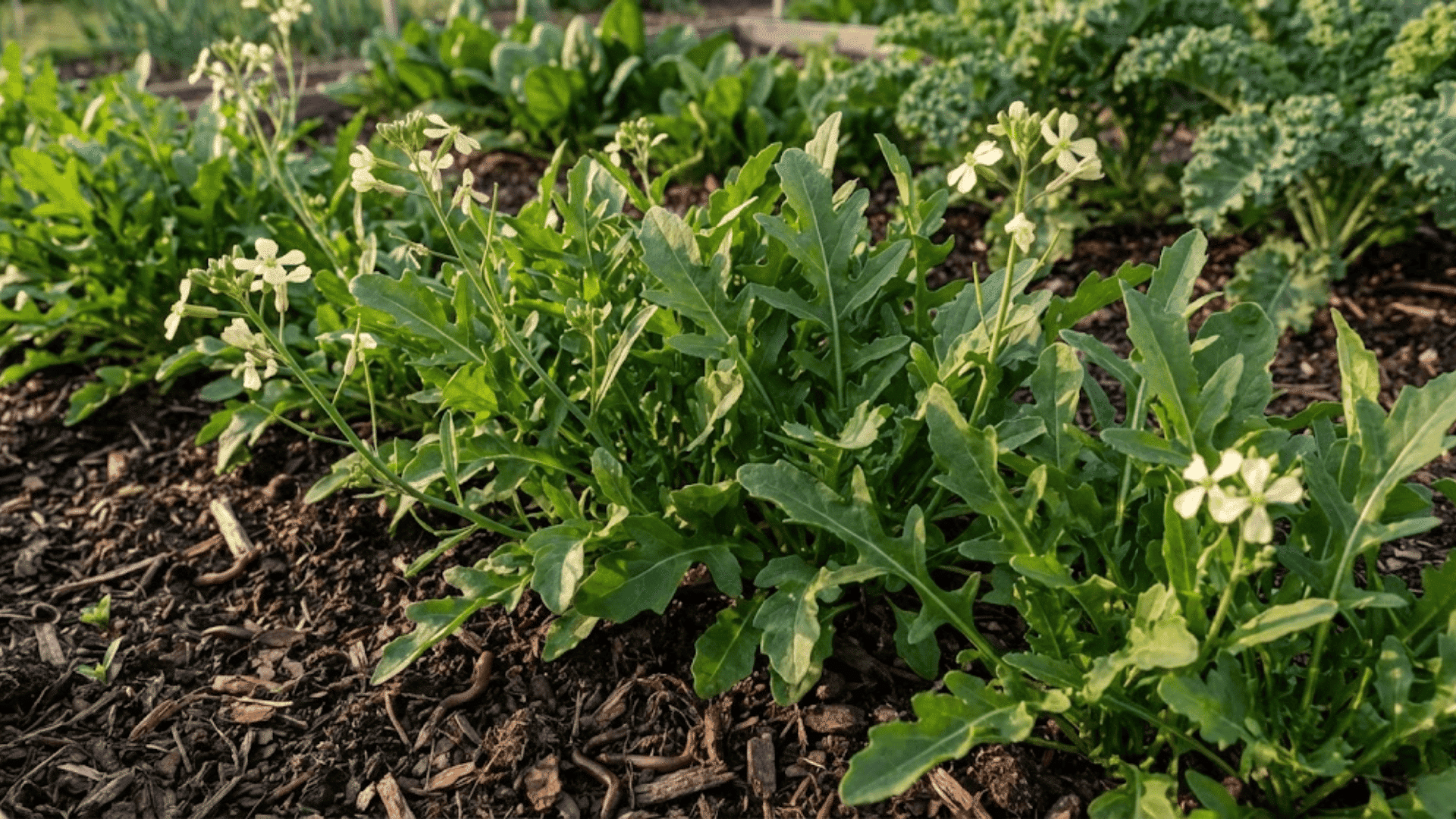 arugula plants with serrated dark green leaves and small cream flowers in garden
