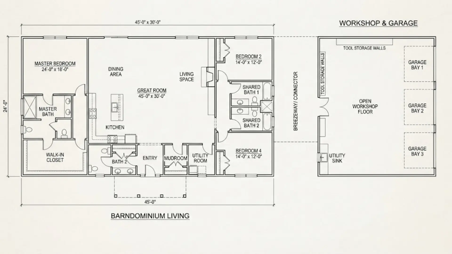 barndominium floor plan with five bedrooms, open living area, and attached workshop garage wing drawn to scale