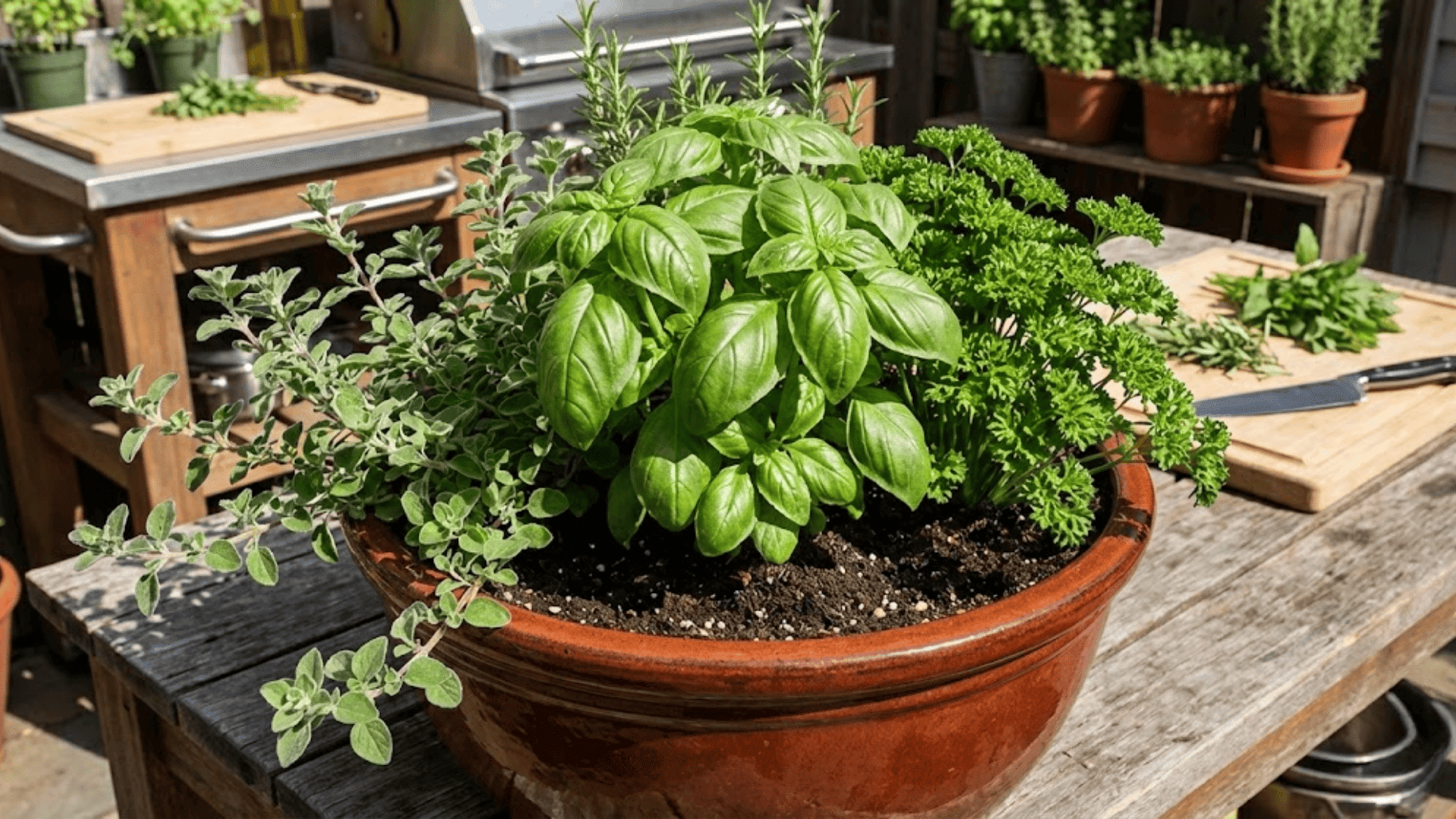 basil oregano and parsley kitchen herbs growing together in large ceramic pot on outdoor prep table