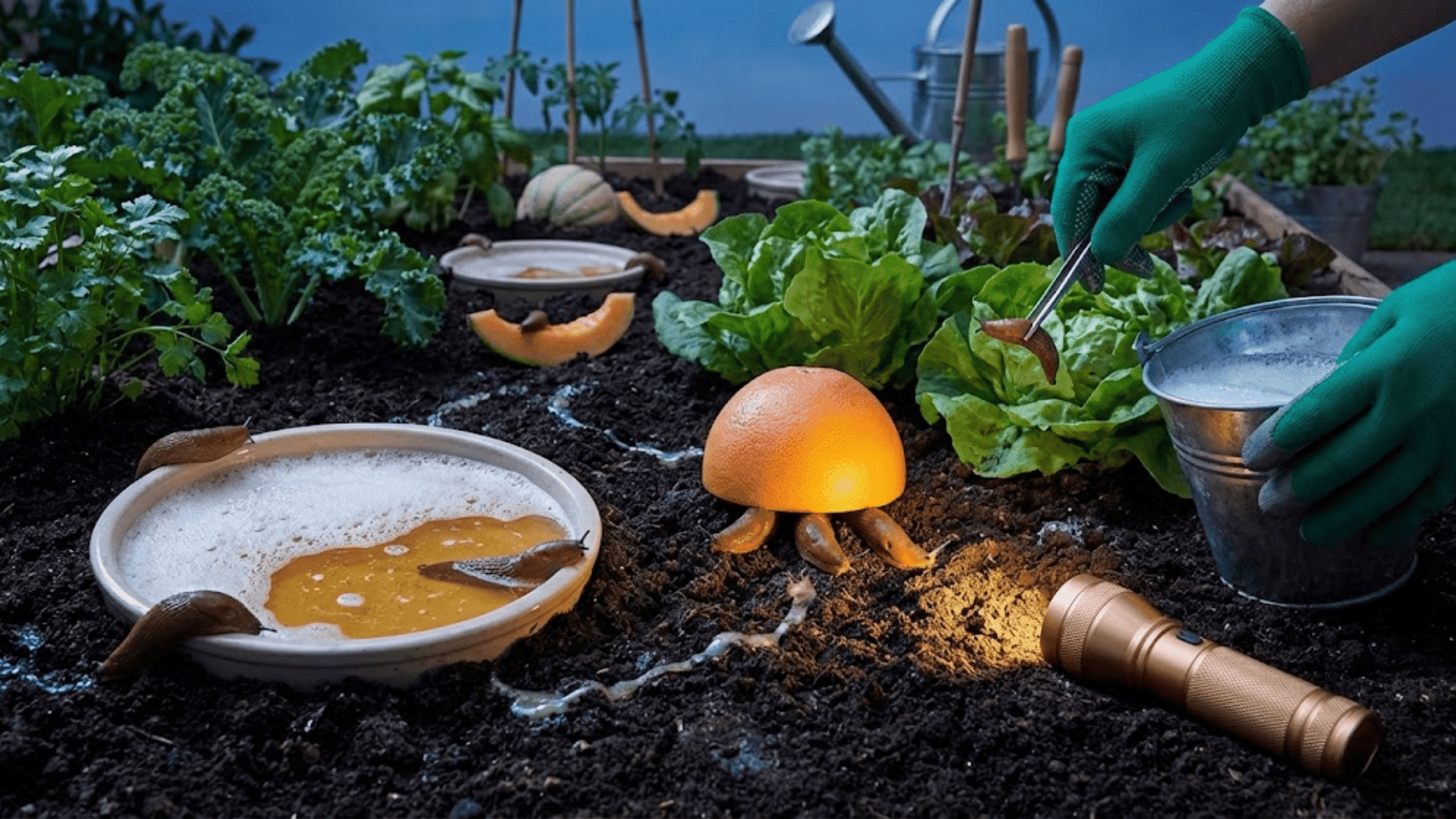 beer trap burial citrus rind shelter and hand-picking slugs at night in vegetable garden bed with flashlight