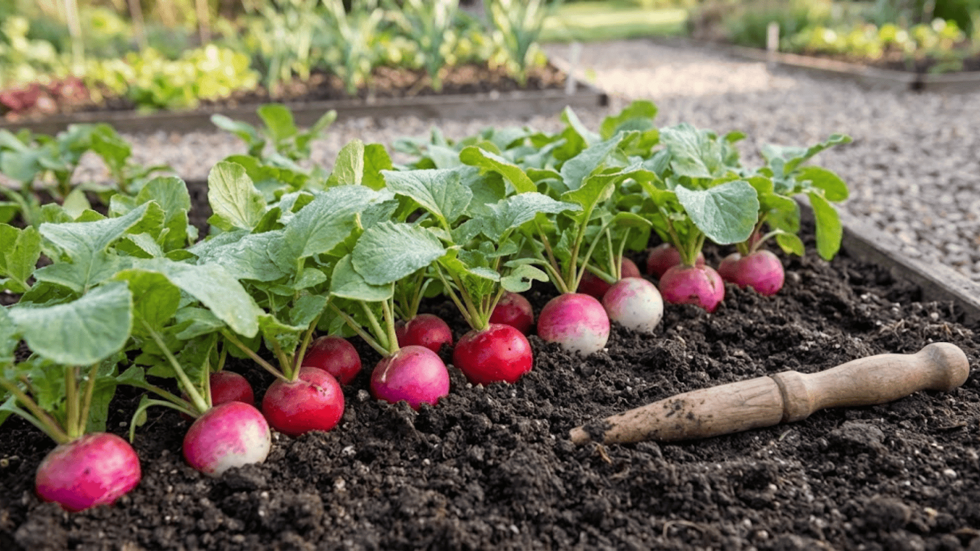 bright pink and white radishes with green tops emerging from loose garden soil