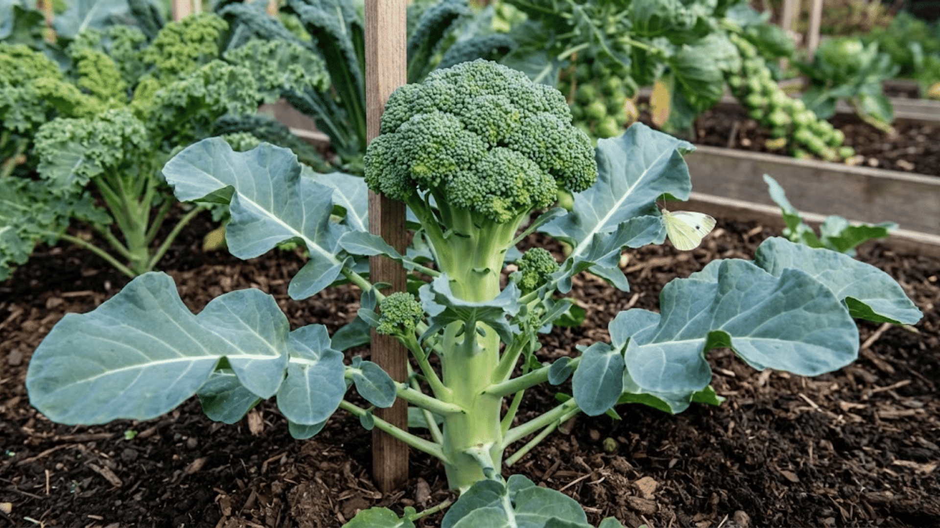 broccoli plant with tight green floret head forming and blue green leaves spreading