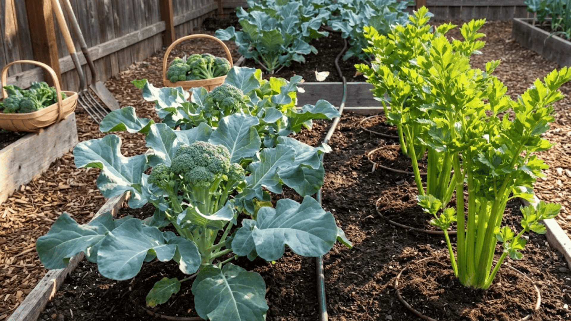 broccoli plants with developing heads growing beside celery stalks positioned for optimal morning sunlight exposure