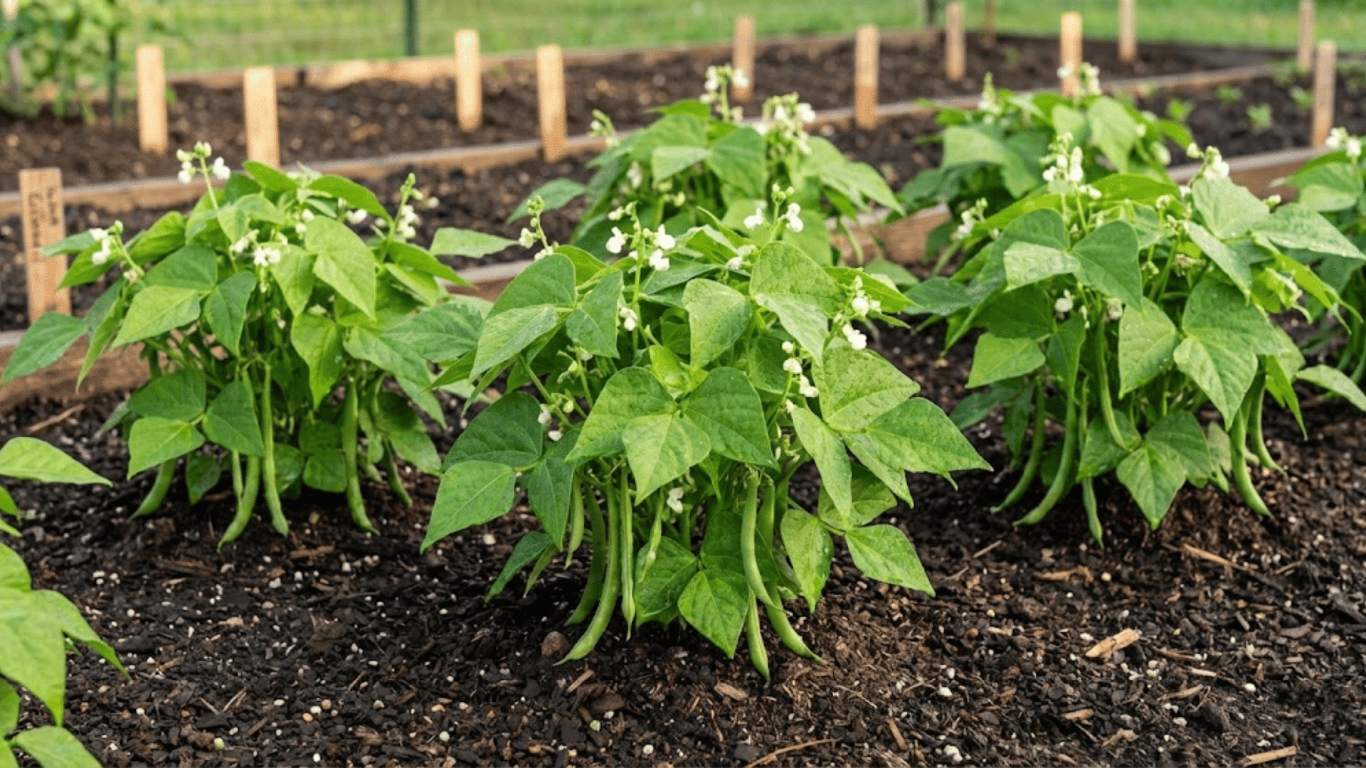 bush bean plants with white flowers and green pods hanging from compact branches