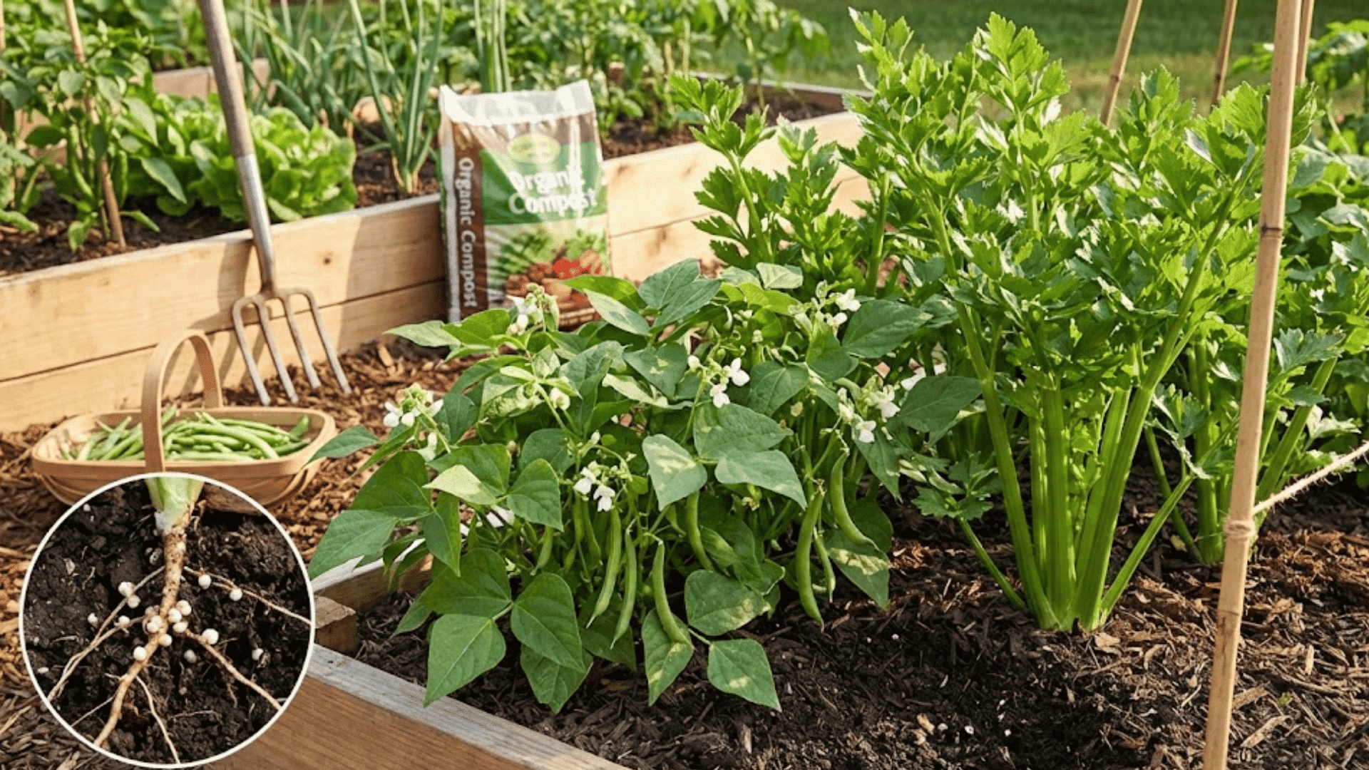 bush bean plants with white flowers growing near celery stalks showing nitrogen-fixing root nodules in soil