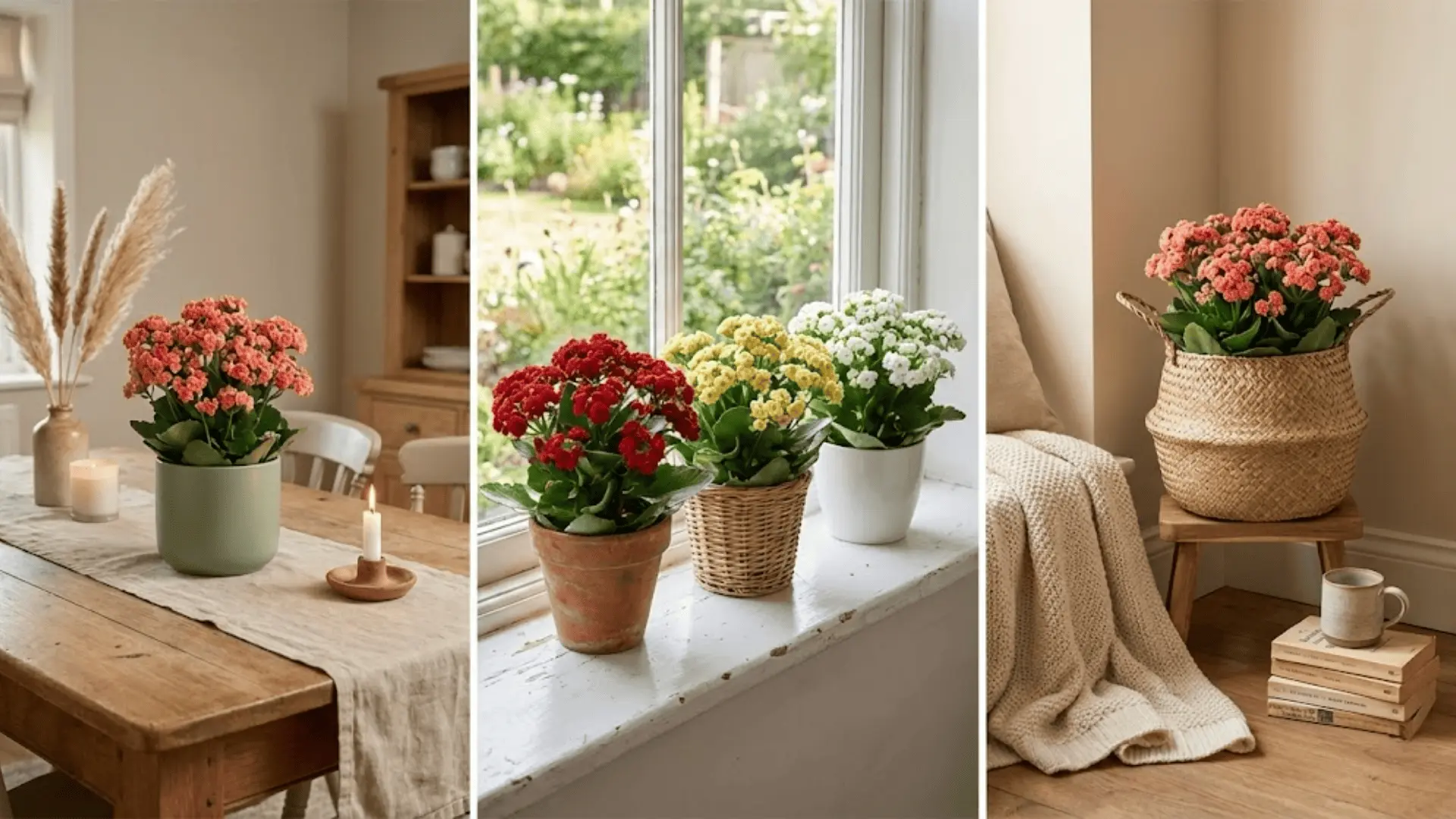calandiva plant styled as table centerpiece, windowsill display, and reading nook decor in three split panels